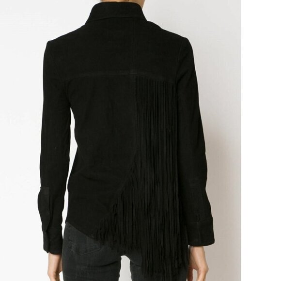 RTA Suede Shirt Jacket Womens Small Black Fringed Leather Snap Front Slim - Picture 9 of 11